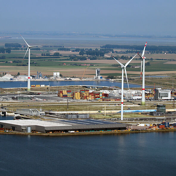 Wind turbines located on the left bank of the Port of Antwerp, Belgium