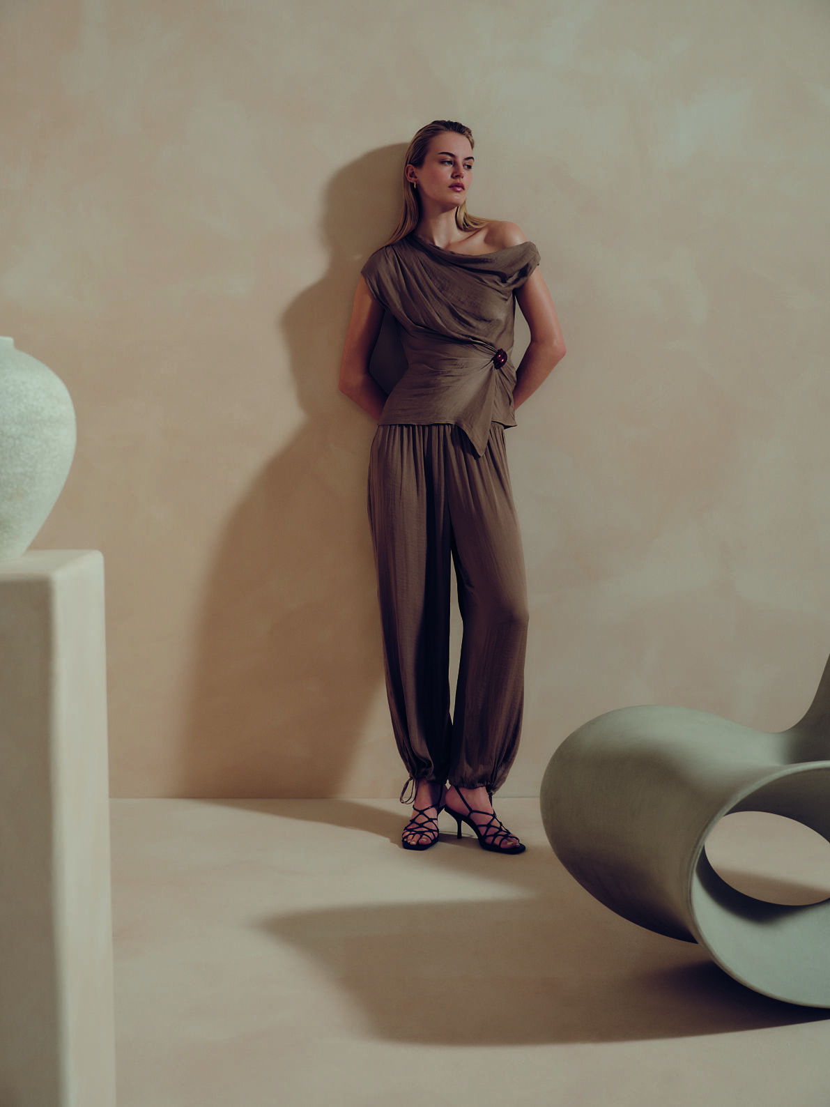 PRIMARK EDIT HARDWARE DRAPE TOP, £16, €18, 25, RON90, PLN80, CZK470, EDIT SATIN TIE LEG, £20, €22, 30, RON110, PLN95, CZK570