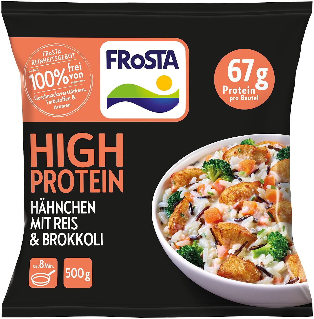 FRoSTA High Protein Hähnchen mit Reis & Brokkoli kombiniert 33 Prozent Hühnerbrust mit Reis und Brokkoli.