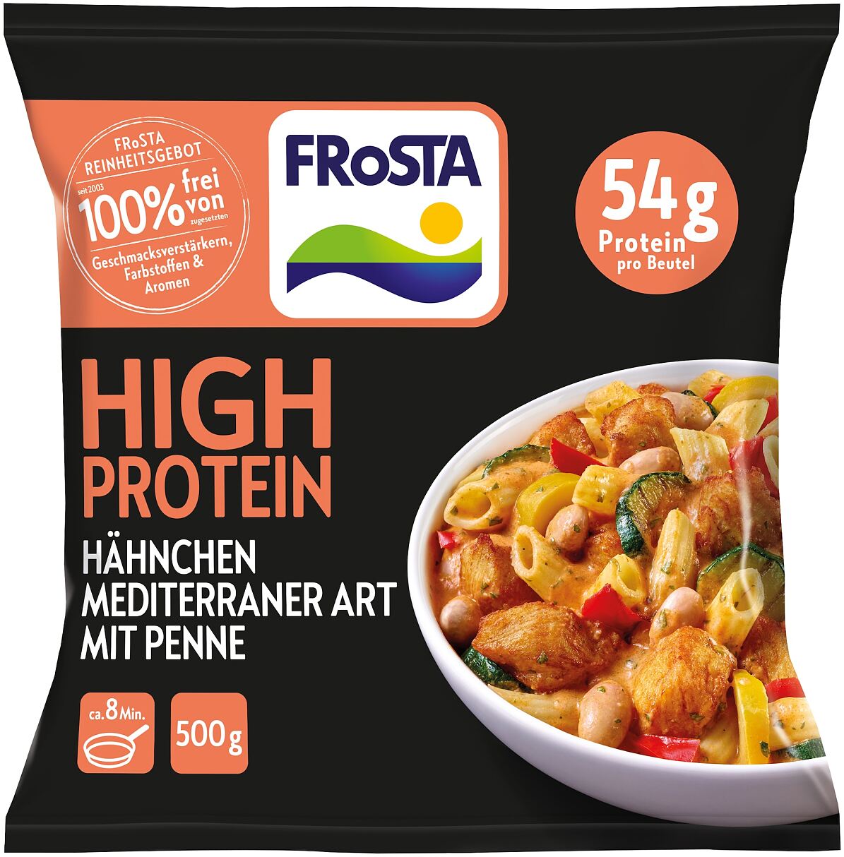 In nur acht Minuten auf dem Teller: FRoSTA High Protein Hähnchen Mediterraner Art mit Penne.