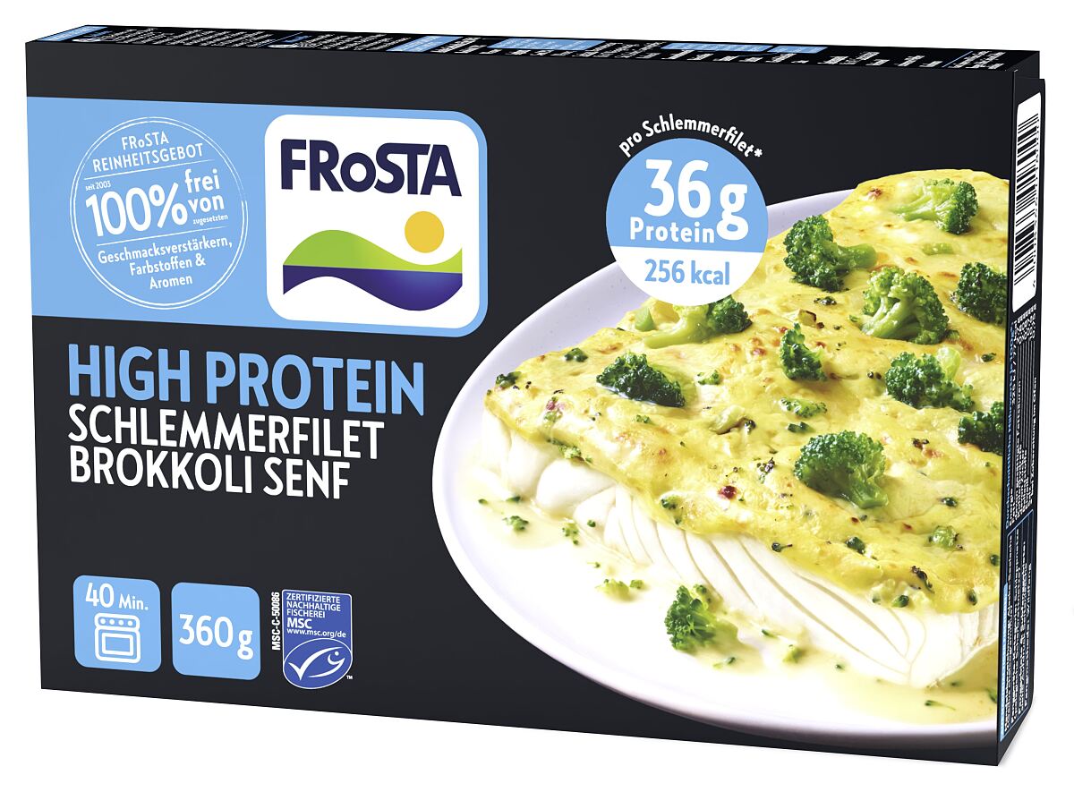 Beim High Protein Schlemmerfilet trifft zartes Alaska-Seelachs-Filet auf eine Auflage aus knackigem Brokkoli in einer mild-würzigen Senfsauce
