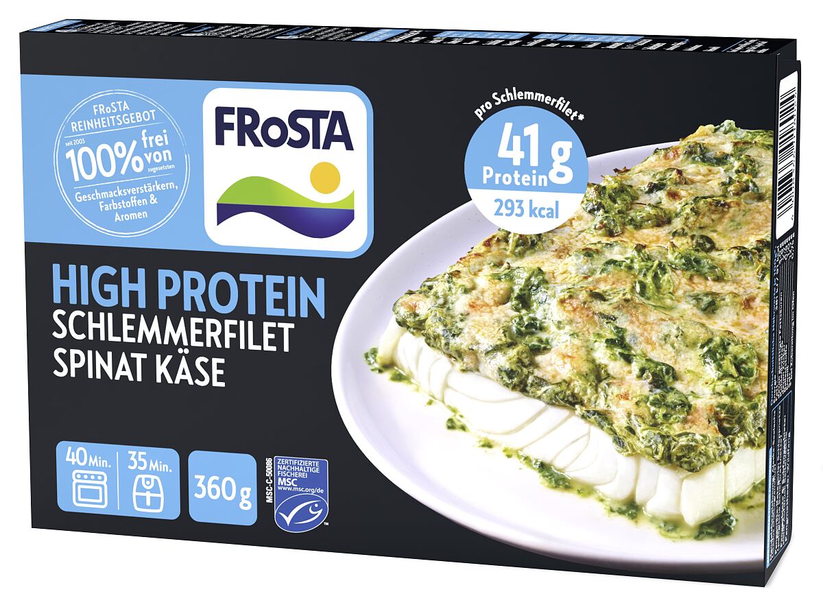 Beim High Protein Schlemmerfilet Spinat Käse wird ein Alaska-Seelachs-Filet mit einer Auflage aus Spinat, Joghurt und Edamer Käse getoppt