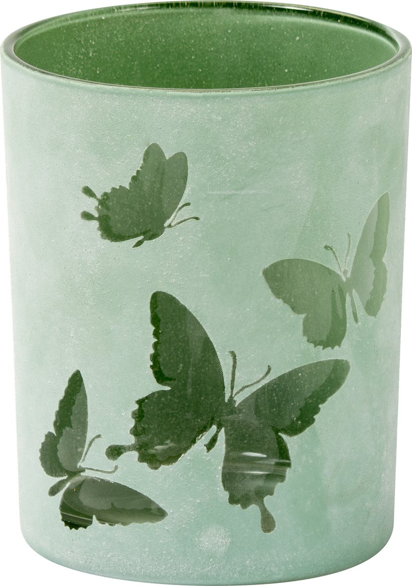 LIBRO_Teelichtglas Schmetterlinge gruen_€ 2,99