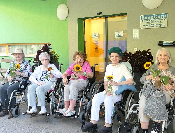 Maria Wasl, Leopoldine Doppler, Margarete Janda, Erna Mair und Ingrid Vesely strahlen mit den Sonnenblumen um die Wette