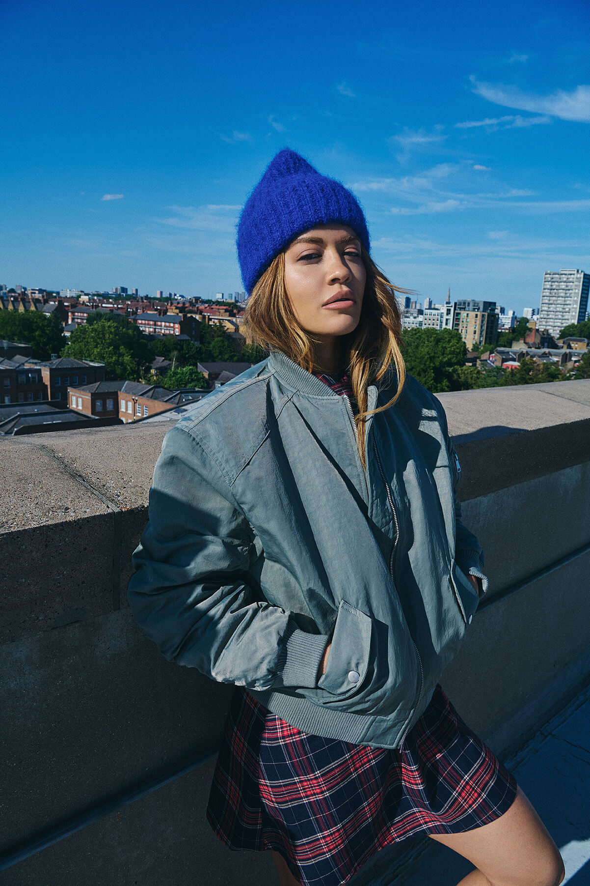 PRIMARK PRESENTS RITA ORA Bomber Jacket, Green, £28, €30, �34, PLN130, CZK780, RON145, PRIMARK PRESENTS RITA ORA R Beanie, Blue, £4.50, €5.50, �6.50, RON26, PLN24, CZK1